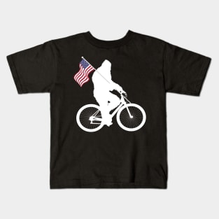 Bigfoot Riding BIke American Flag Kids T-Shirt